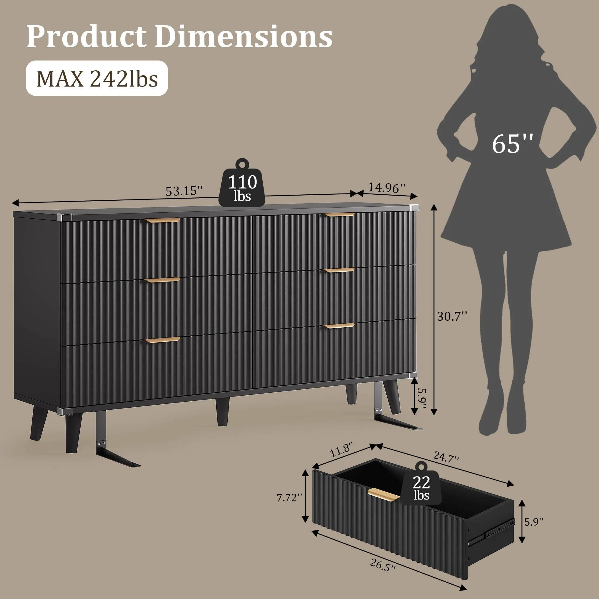 Laintene 3-Piece Boho Bedroom Set - 6-Drawer Dresser & 2 Nightstands with 3 Drawers & USB Charging, Fluted Wooden Storage, Modern Dresser & Nightstand Combo, Natural