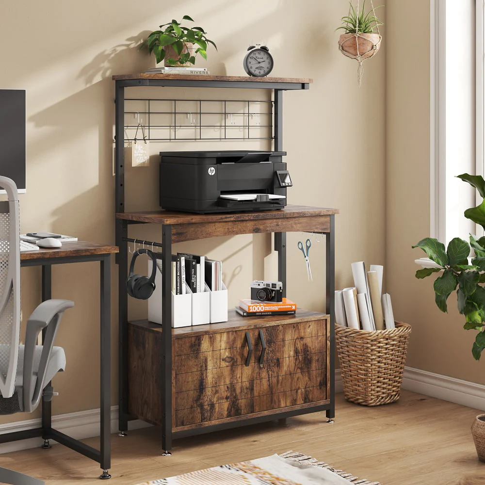 Bestier 3-Tier Baker's Rack with Cabinet, Kitchen Storage Shelves, Microwave Oven Stand, Coffee Bar with Hooks in Rustic