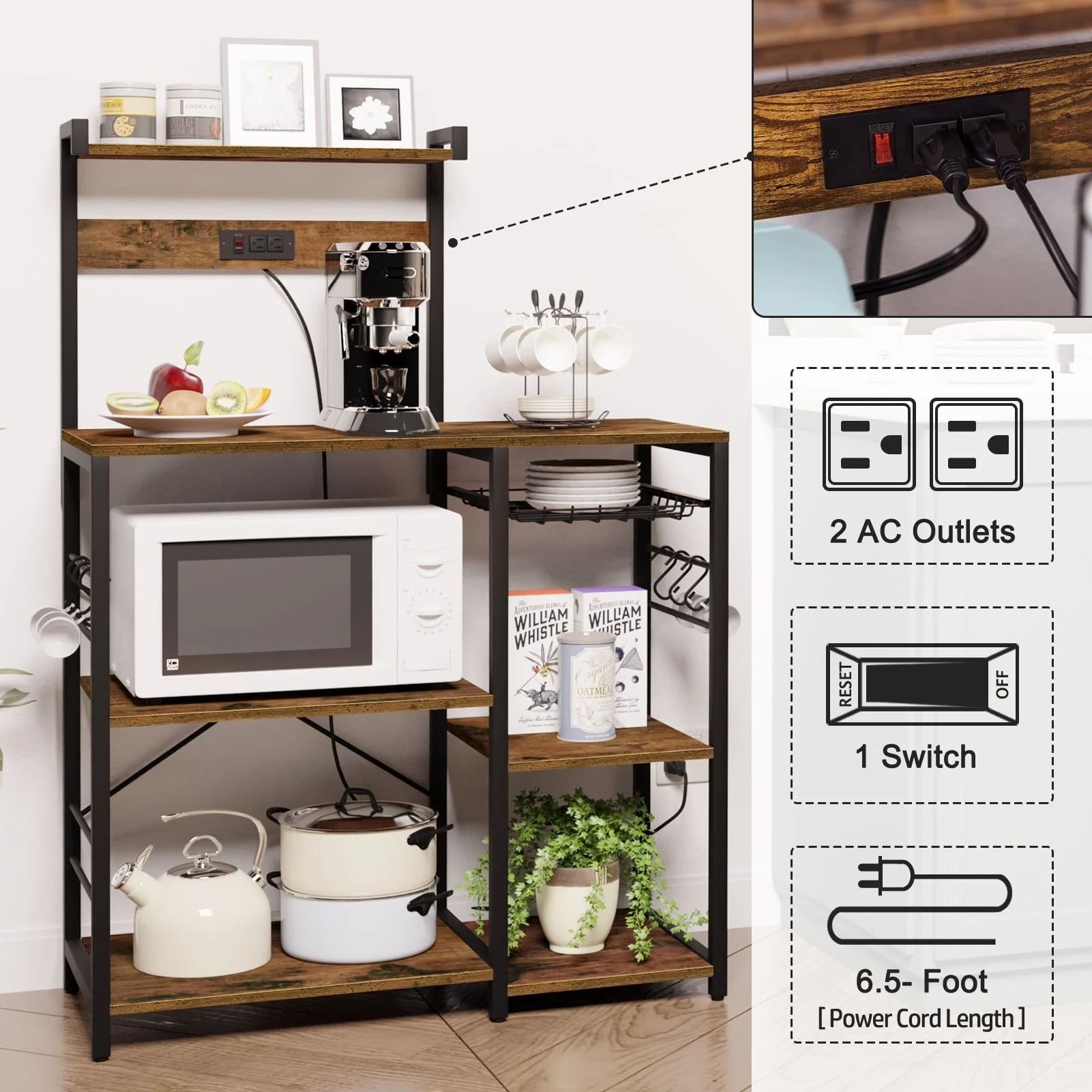 SUPERJARE Bakers Rack with Power Outlet, Microwave Stand, Coffee Bar with Wire Basket, Wood Kitchen Storage Rack with 6 S-Hooks, Kitchen Shelves for Spices, Pots and Pans, Vintage Brown