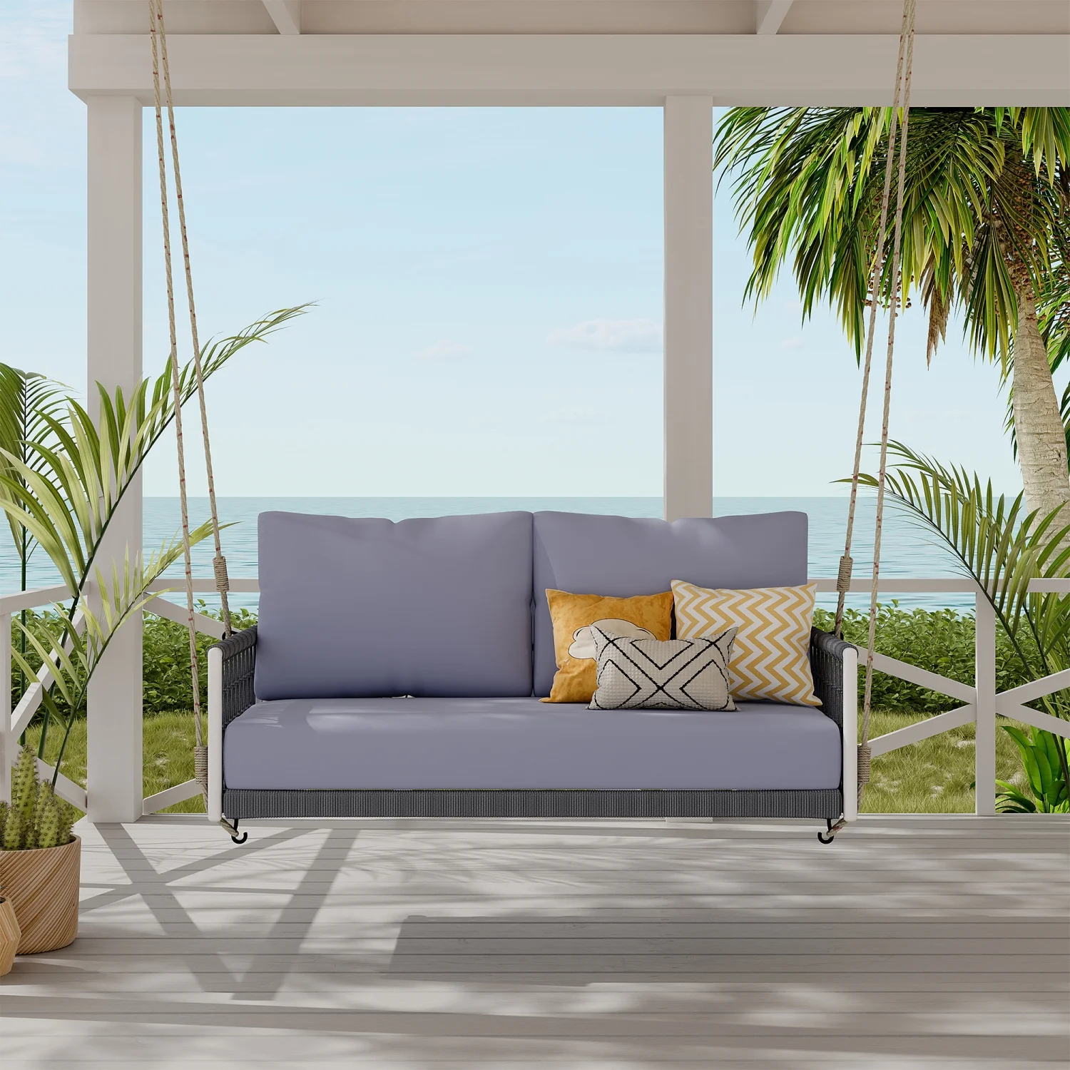 Harper & Bright Designs PE Ratten Porch Swing Chair, 2-Seater Hanging Swing Bench with Chains, All Weather Design Patio Furniture Swing for Backyard Garden Poolside, Grey and White