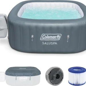 Coleman SaluSpa Atlantis AirJet 4 to 6 Person Inflatable Hot Tub Square Portable Outdoor Spa with 140 Soothing Jets with Cover, Blue
