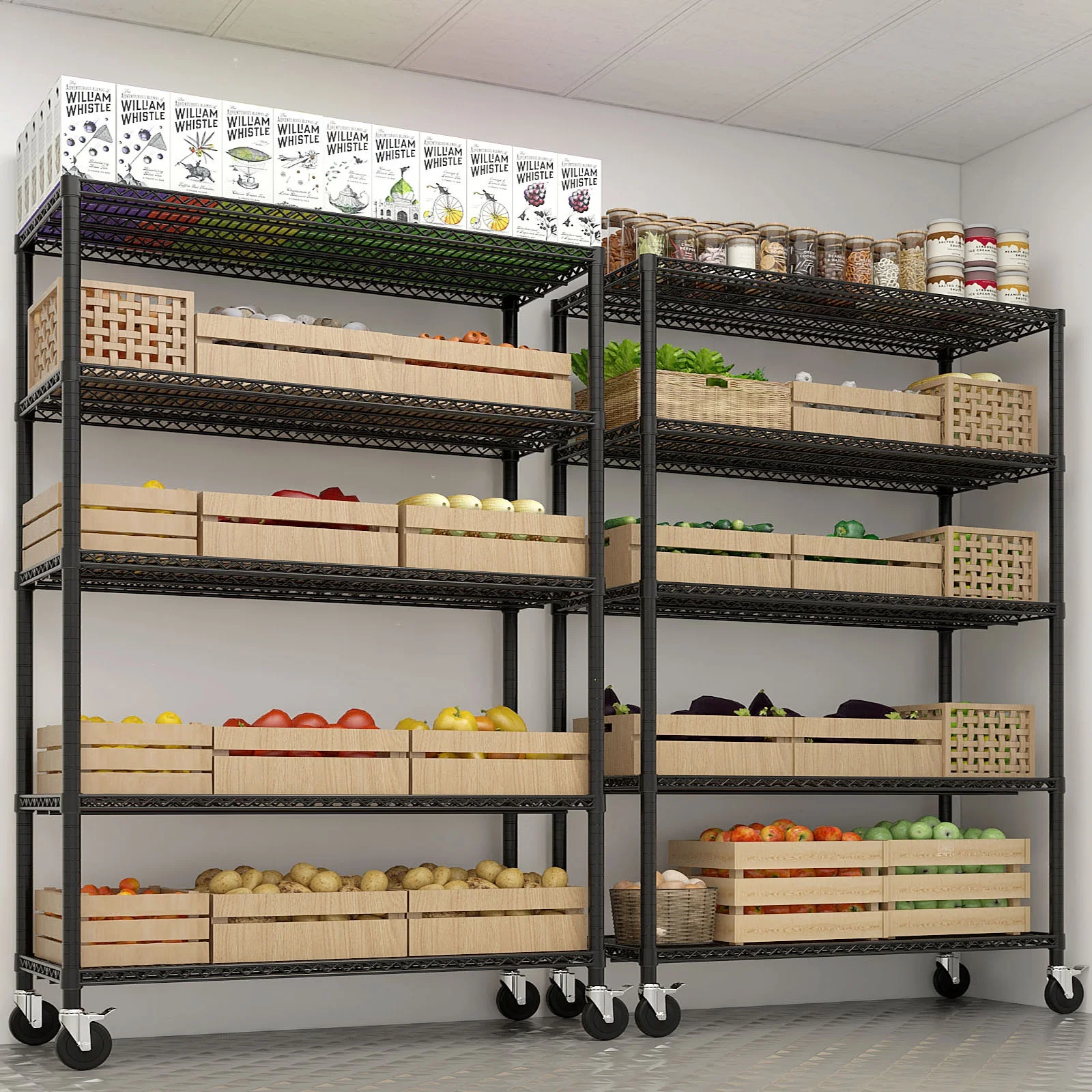 Ktaxon 4 Tier Wire Shelving with Wheels, 46"W x 17.7"D x 65"H Multifunctional Storage Rack Metal Garage Shelves Organizer, Capacity for 800lbs, Black
