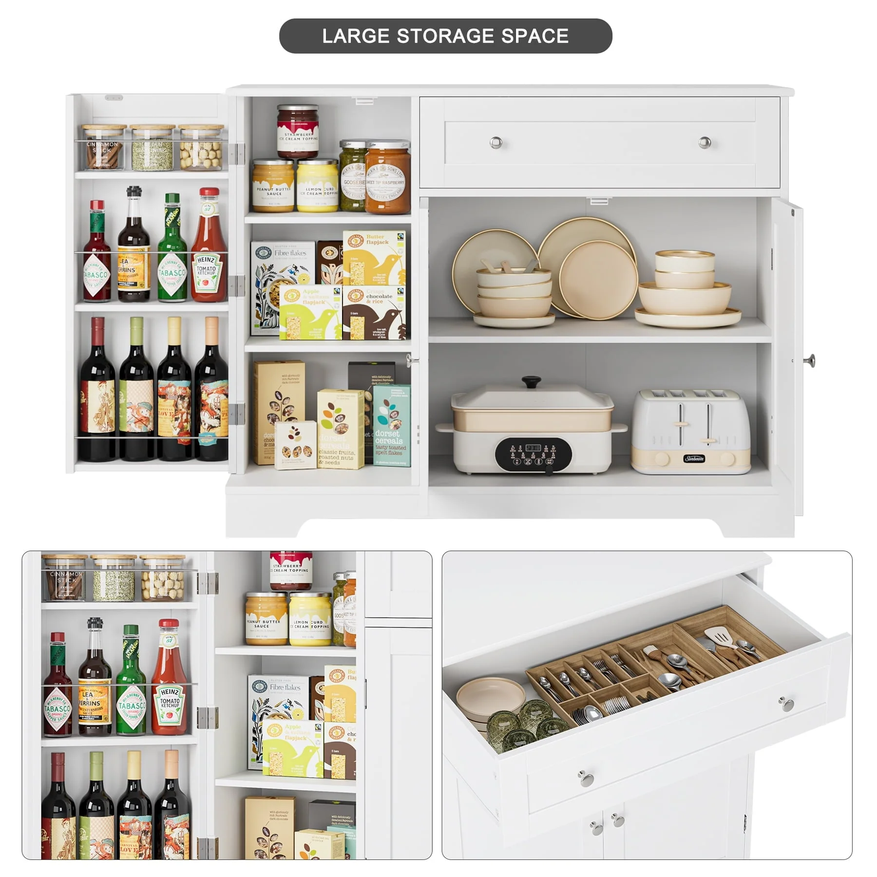Homfa 41'' Kitchen Storage Cabinet, Pantry Cabinet with Drawers and Adjustable Shelf, Buffet Cabinet Sideboard for Dinning Room, White