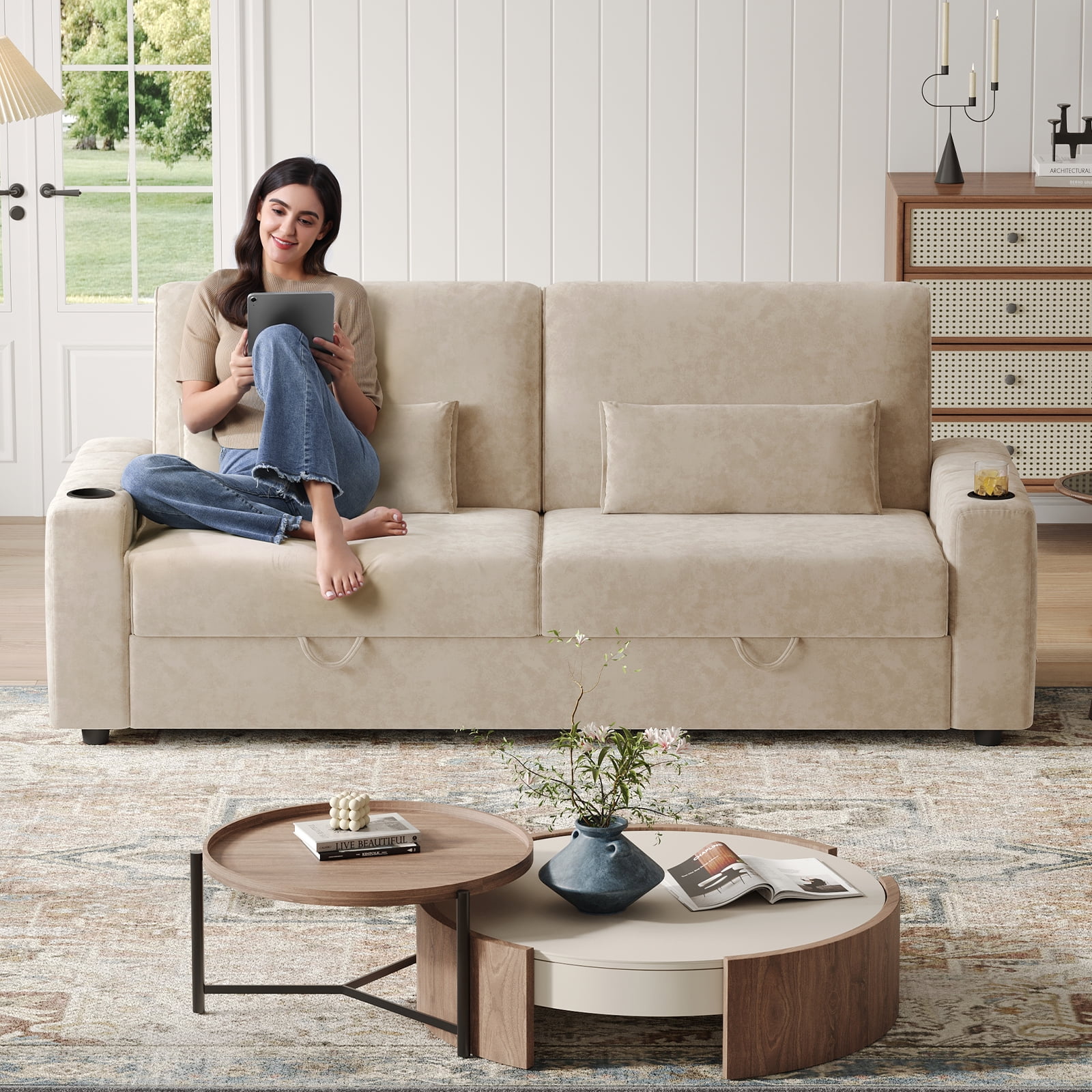87-Large Loveseat Sofa, 3 Seater Couch with Storage, Velvet Fabric Deep Seat Sofa with Pillow& Cup Holders, Modern Comfy Sofa with USB& Type-C Ports, Home Sofa Couch for Living Room Bedroom