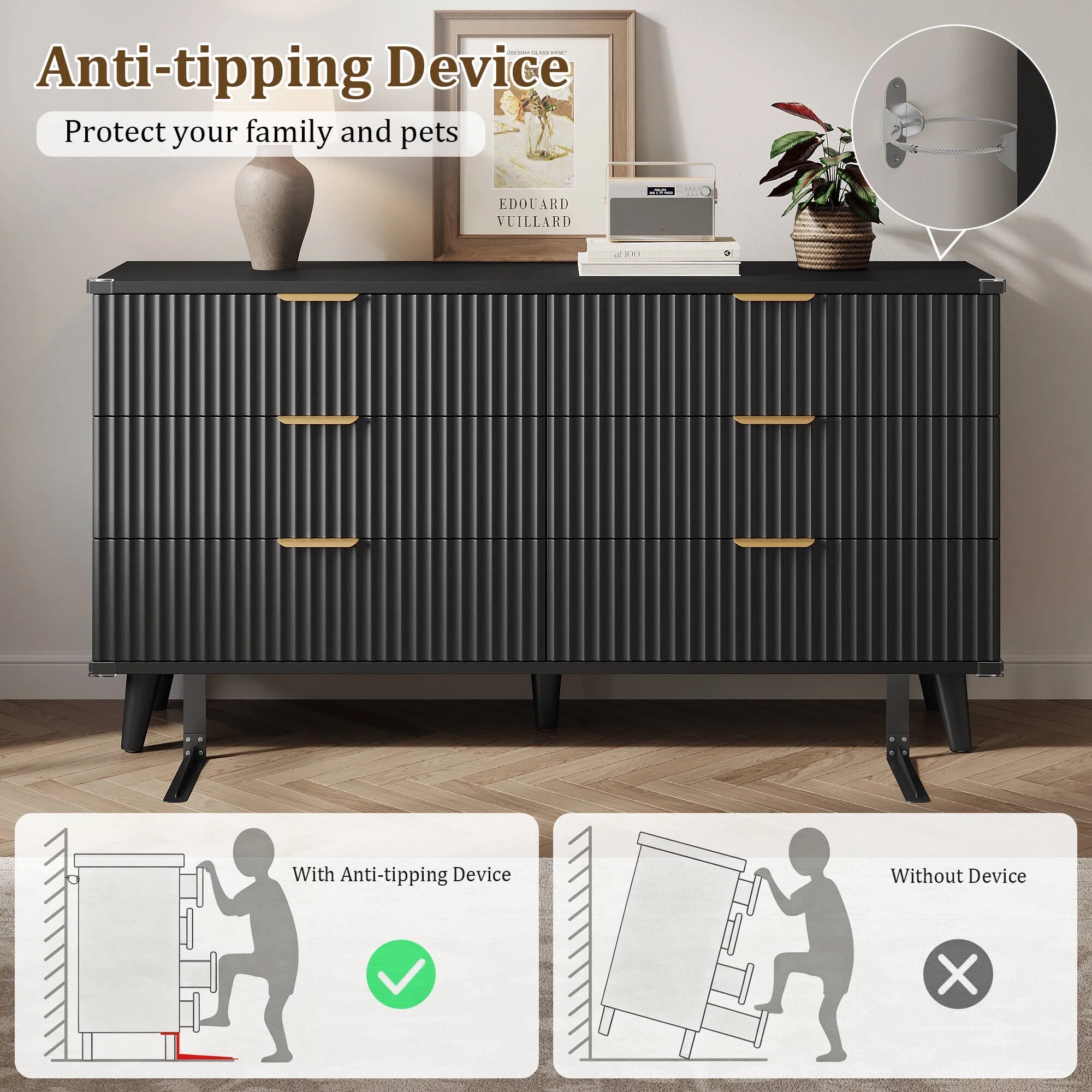 Laintene 3-Piece Boho Bedroom Set - 6-Drawer Dresser & 2 Nightstands with 3 Drawers & USB Charging, Fluted Wooden Storage, Modern Dresser & Nightstand Combo, Natural