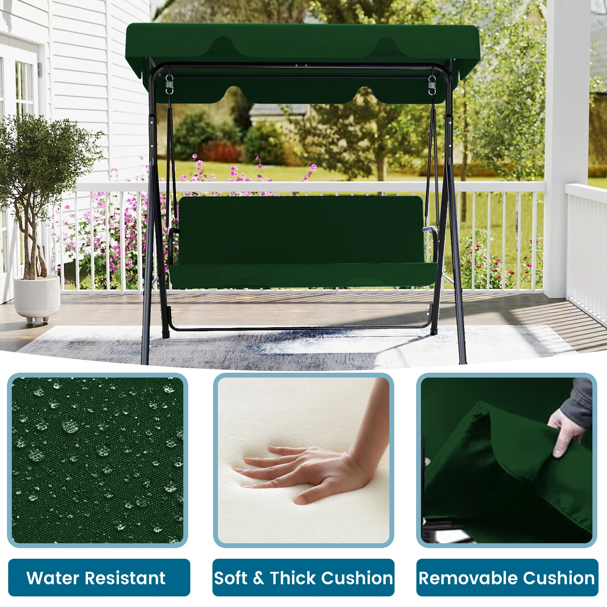 Melocadol 3 Seats Outdoor Porch Swing Glider, Patio Swing Chair with All Weather Covered Canopy and Rust Proof Heavy Duty Stand, for Garden, Lawn, or Backyard, Black