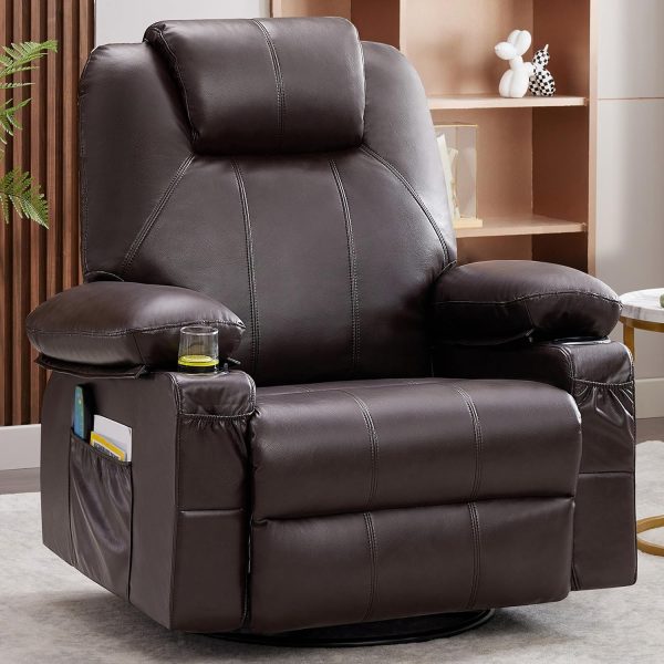 Oversized Swivel Rocker Recliner Chair with Heat and Massage, 360 Degree Swivel Rocking Single Sofa with Cup Holders and USB Port, Large Big Recliner Chair for Living Room (Leather, Brown)