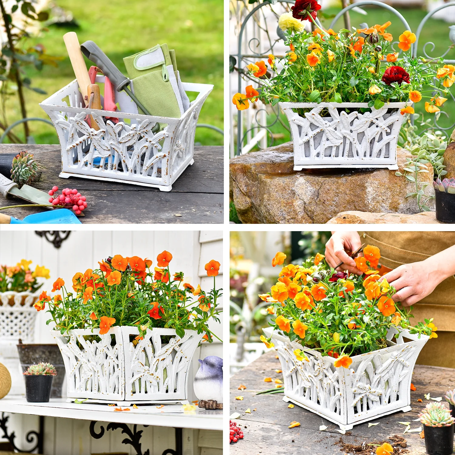 Sungmor Heavy Duty Cast Iron Urn Planter, Beautiful Hollow Trophy Design Tall Orchid Flower Pot, Large Decorative Plastic Flowers Plants Bouquets Vase, Rustic French Country Pot for Home or Garden