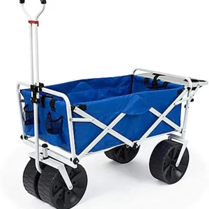 All Terrain Beach Wagon with Side Table|Heavy Duty Collapsible Folding Cart with Large Wheels for Beach Day, Picnic, Camping, Outdoor Activities | Blue/White