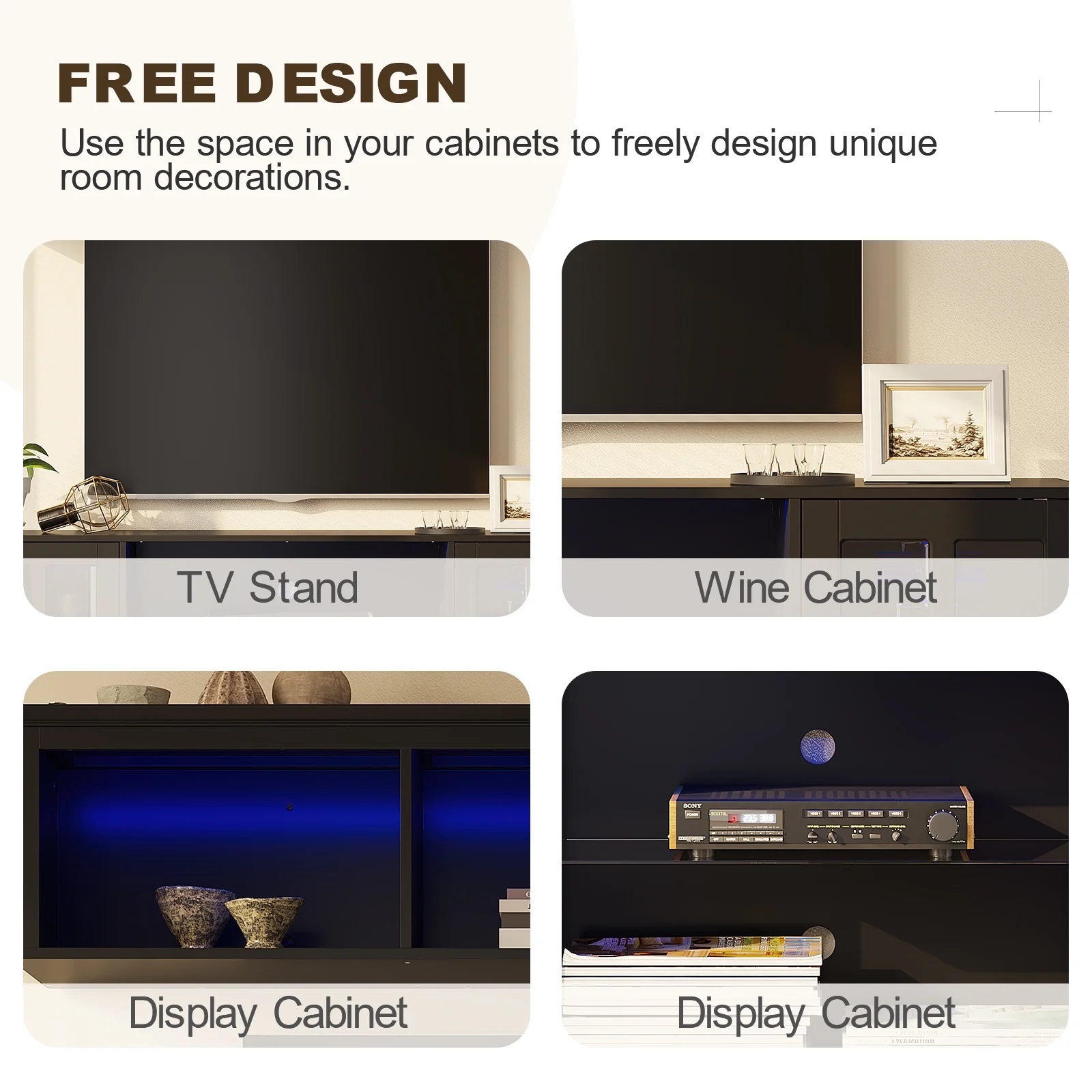 MEISSALIVVE 4-Piece Wall Unit TV Stand with Storage & LED Lights for TVs up to 75", Modern Entertainment Center with Bookshelves & 8-Door Pantry Cabinet, Gray