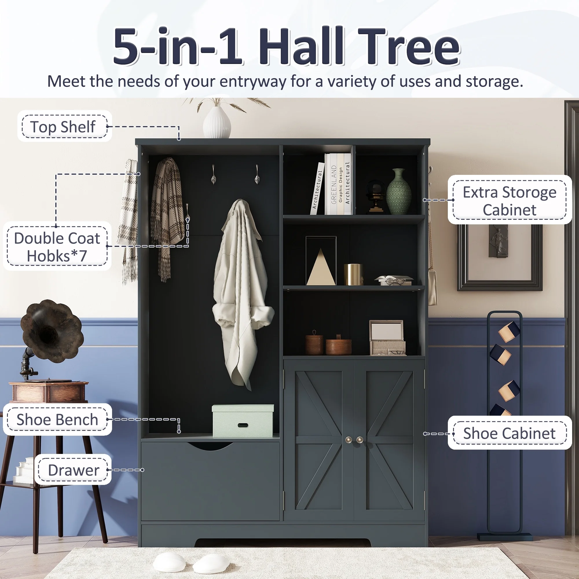 Bellemave 59"W Farmhouse Hall Tree with Storage Shelves and Shoes Rack Multi-functional Coat Rack with Hooks Entryway Shoes Storage Seating Bench Coat Hanger for Hallway (Black, With Shoes Rack)