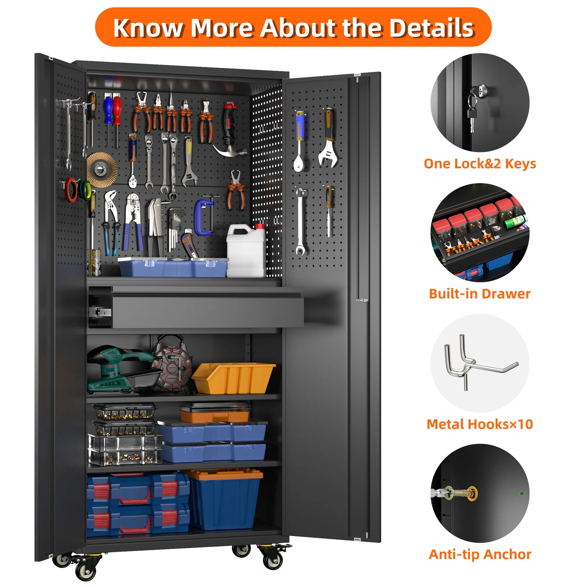 GangMei 71-Inch Metal Lockable Storage Cabinet with Pegboards and 5 adjustable shelves, White, Assembly Required