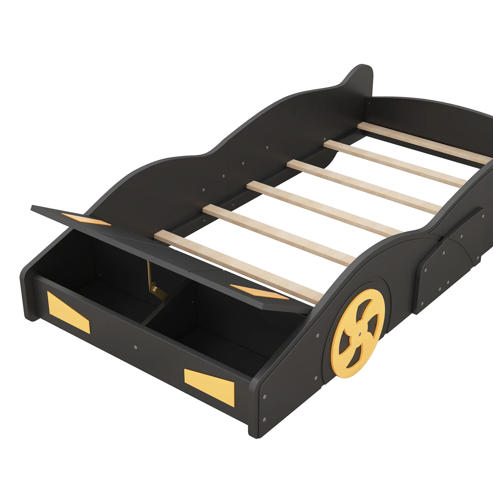 Euroco Car-Shaped Twin Size Platform Bed with Tires and Storage Cabinet for Kids Bedroom, Black