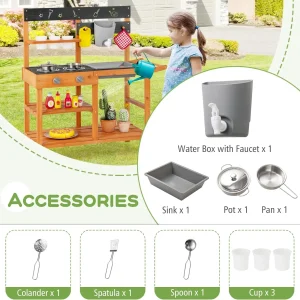 OLAKIDS Mud Kitchen, Outdoor Play Kitchen with Wheels 3 Cups Removable Sink Cooking Accessories Wooden Kids Kitchen Playset Backyard Garden Toys Gift for Boys Girls Ages 3+
