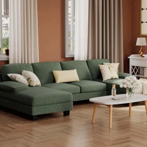 Furmax Sectional Couches for Living Room, U-Shaped Sofa Couch with Linen Fabric, 4 Seat Sofa Set with Double Chaise for Apartment (Fabric, Grey)