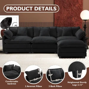 Ihanherry 146" U-Shaped Modern Sofa Modular Sectional Cloud Couch with 2 Ottoman, 6-Seat Chenille Deep Seat Sofa with 6 Pillows for Living Room, Bedroom and Apartment, Grey