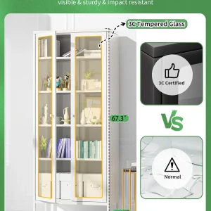 SUNCROWN Metal Storage Cabinet, Curio Display Cabinet with 2 Glass Display Door and 4 Shelves, Side Storage Organize, Modern Bookshelf Cabinet for livingroom, Bedroom, Kitchen, Black
