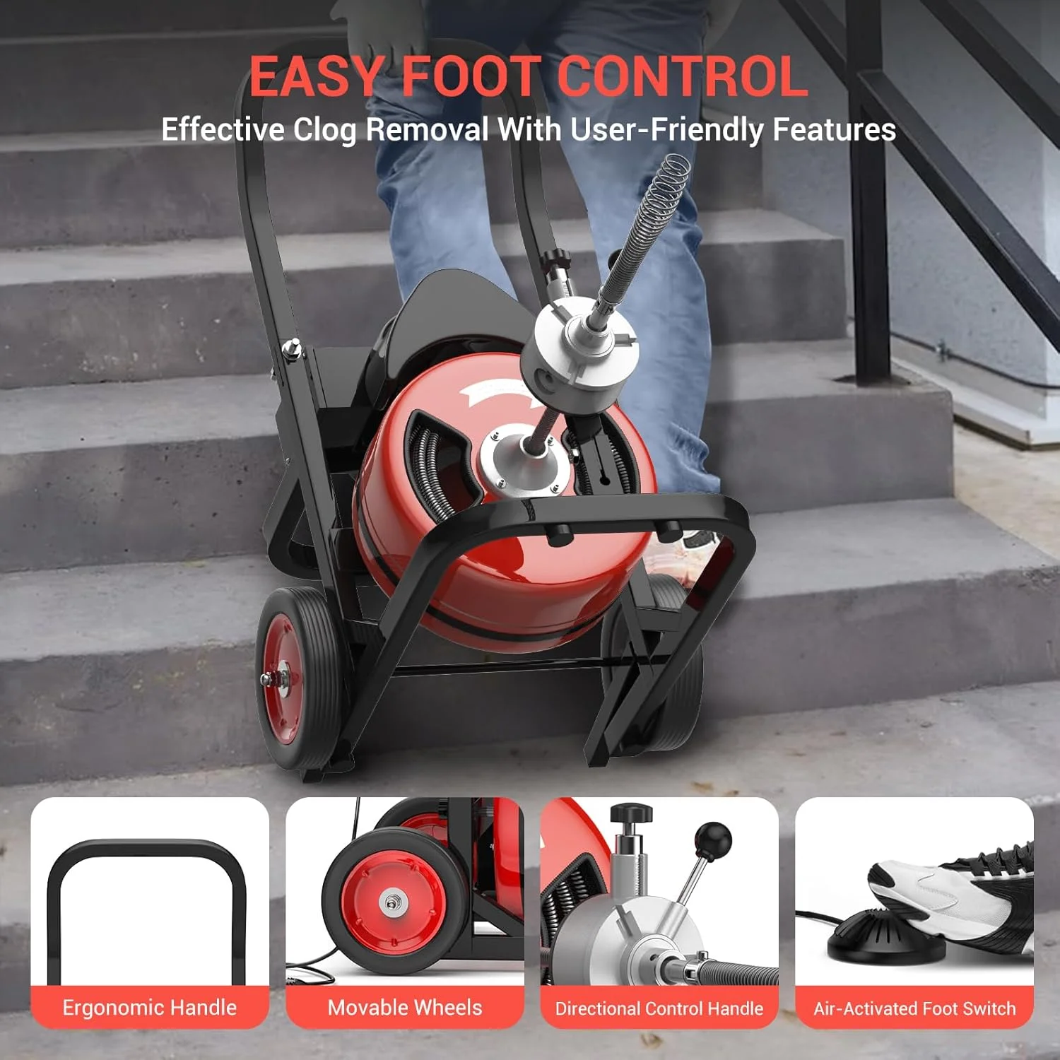 Roromall 75FT 100FT Electric Drain Cleaning Machine with 1/2-inch 3/4-inch Cable, 450W Auto Feed Portable Sewer Snake, Air-Activated Foot Switch, 4 Interchangeable Cutters for 2" to 4" Pipes