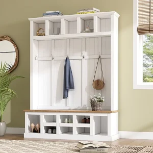 Bellemave 59"W Farmhouse Hall Tree with Storage Shelves and Shoes Rack Multi-functional Coat Rack with Hooks Entryway Shoes Storage Seating Bench Coat Hanger for Hallway (Black, With Shoes Rack)