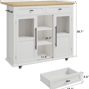 WALYWIK Foldable Kitchen Island Cart with Wheels, 2 Glass Doors, Spice Rack & Towel Holder -C Compact Mobile Storage Cart for Small Kitchens, Dining Rooms, Camping & RVs - Grey