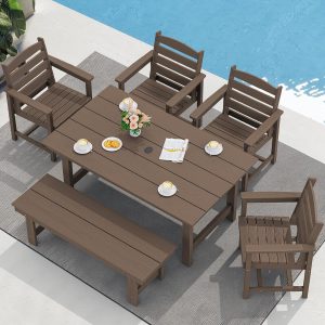 SERWALL 7-Piece Patio Table Set, Outdoor HDPE Dining Furniture with Umbrella Hole, All Weather Table and Chairs for Lawn, Garden, Poolside, Aruba