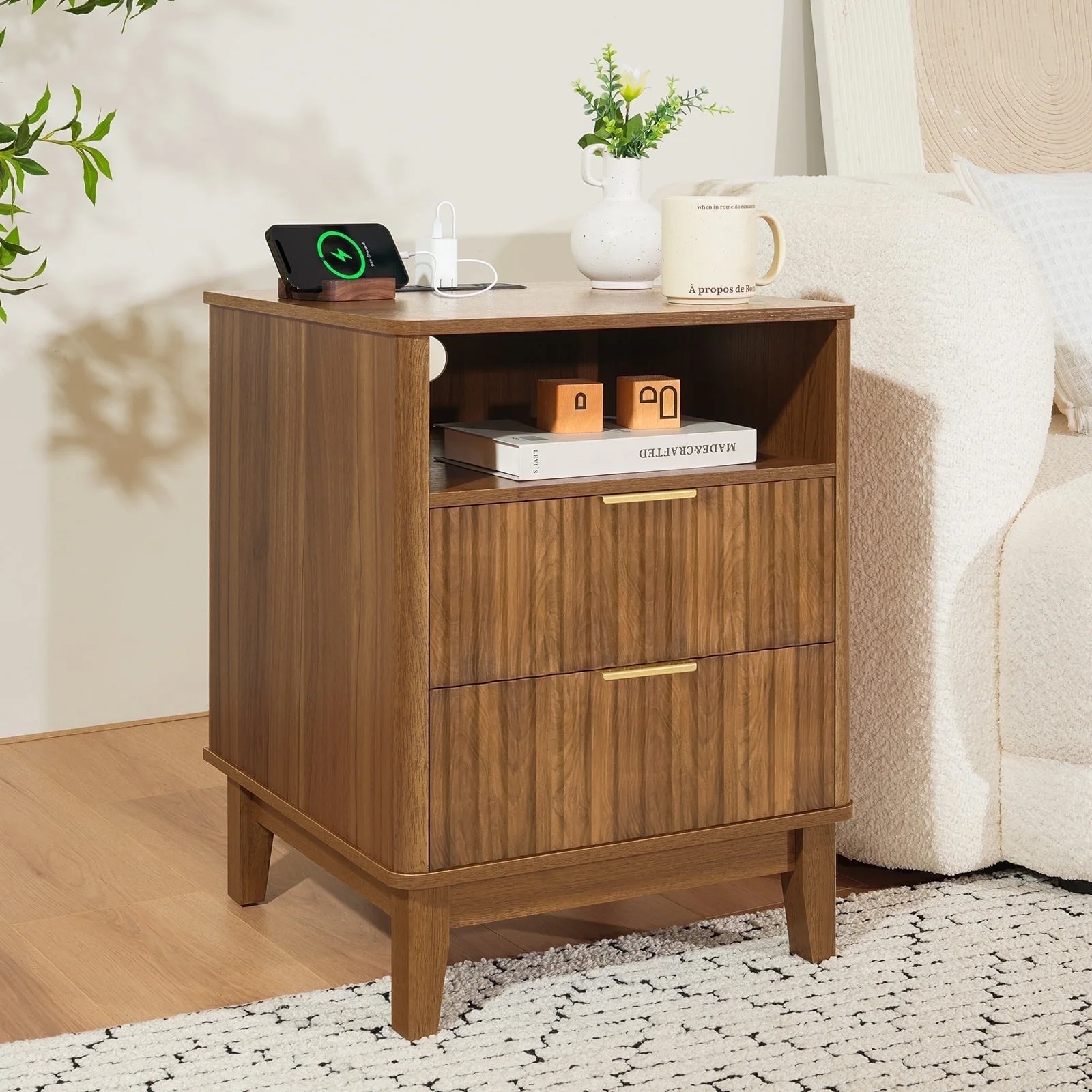 Night Stand with Charger Station, Fluted Nightstand with 2 Drawers and Storage Shelf, Mid Century Modern End Table for Bedroom Living Room,Natural