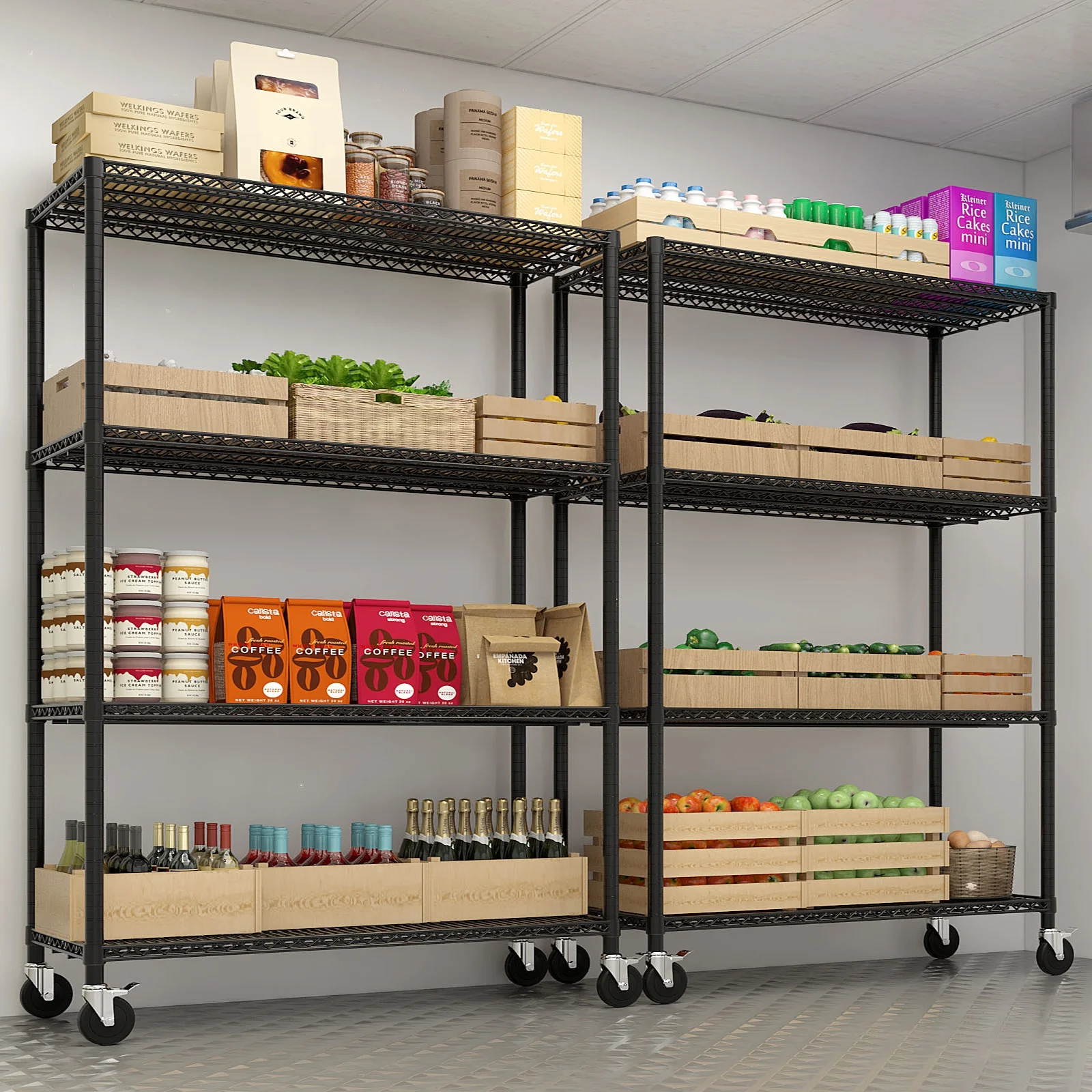 Ktaxon 4 Tier Wire Shelving with Wheels, 46"W x 17.7"D x 65"H Multifunctional Storage Rack Metal Garage Shelves Organizer, Capacity for 800lbs, Black