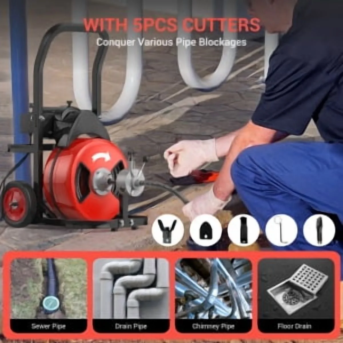 Drain Cleaner Machine 75Ftx1/2Inch,450W Portable Drain Cleaning Machine with 6 Cutters,Gloves,Portable Electric Drain Auger Cleaner for 2" to 4" Pipes
