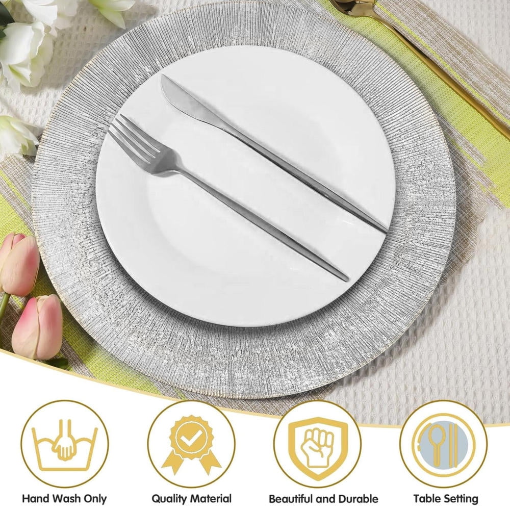 WAASOSCON 100Pcs Bulk Silver Charger Plates, PP Charger Plates for Weddings, Textured Decorative Tableware for Events and Holiday Parties