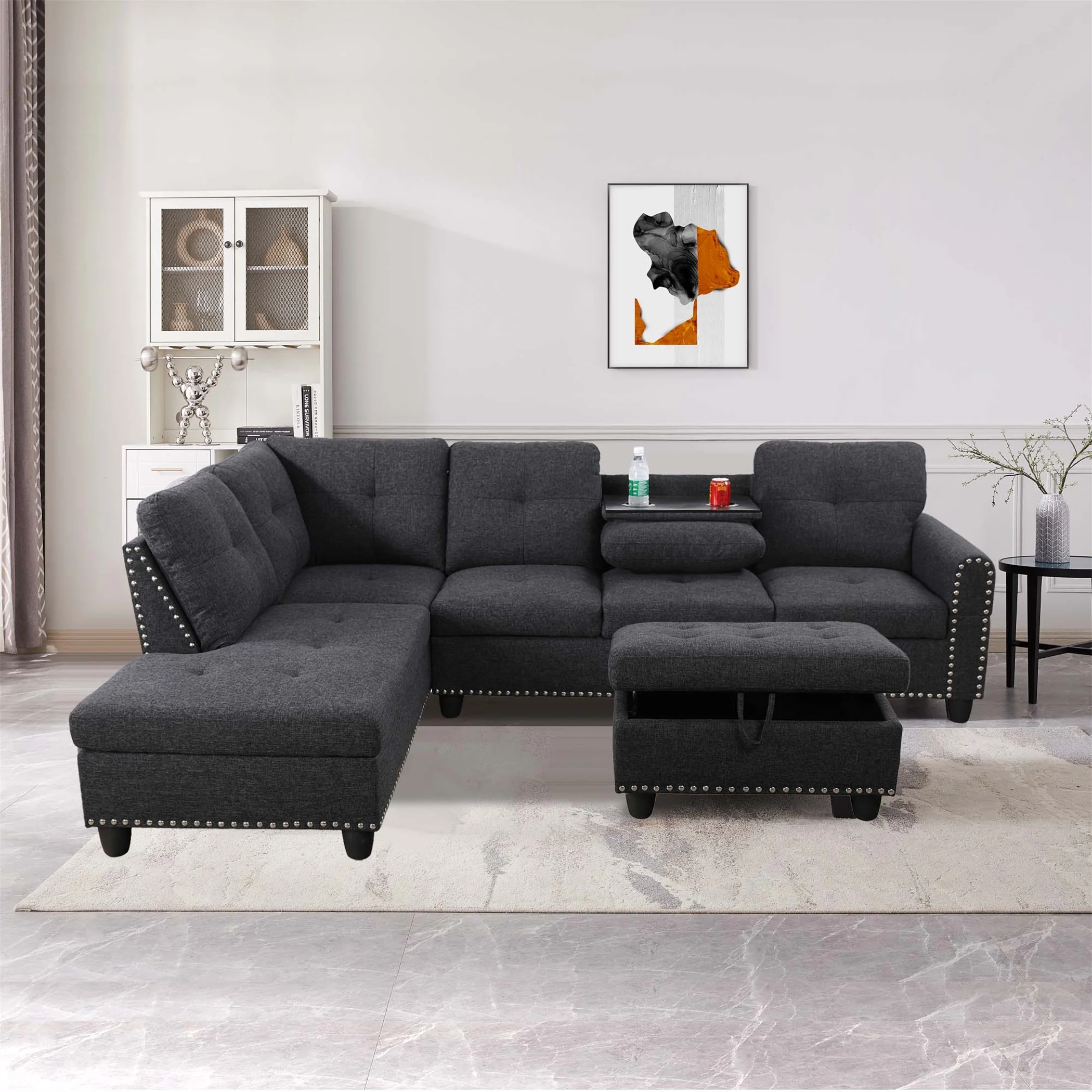 Aukfa 3 Piece Sectional Sofa, Living Room Couch with Storage Ottoman&Cup Holder, Linen, Right Hand, Purple