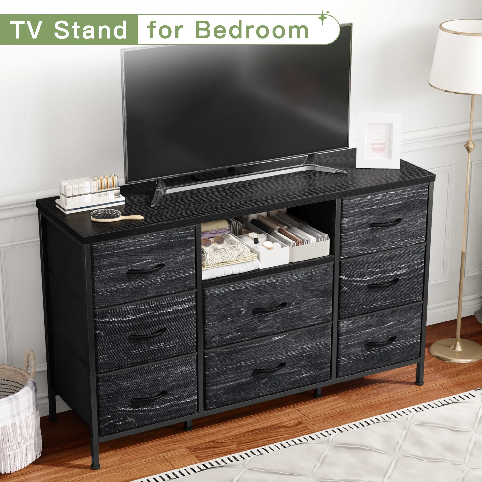EnHomee Wide Dresser TV Stand with 8 Drawer & Outlet,Dresser for Bedroom Wide Black Dresser & Chests of Drawers Fabric Dressers TV Console Storage Unit for Living Room/Bedroom Furniture, Black