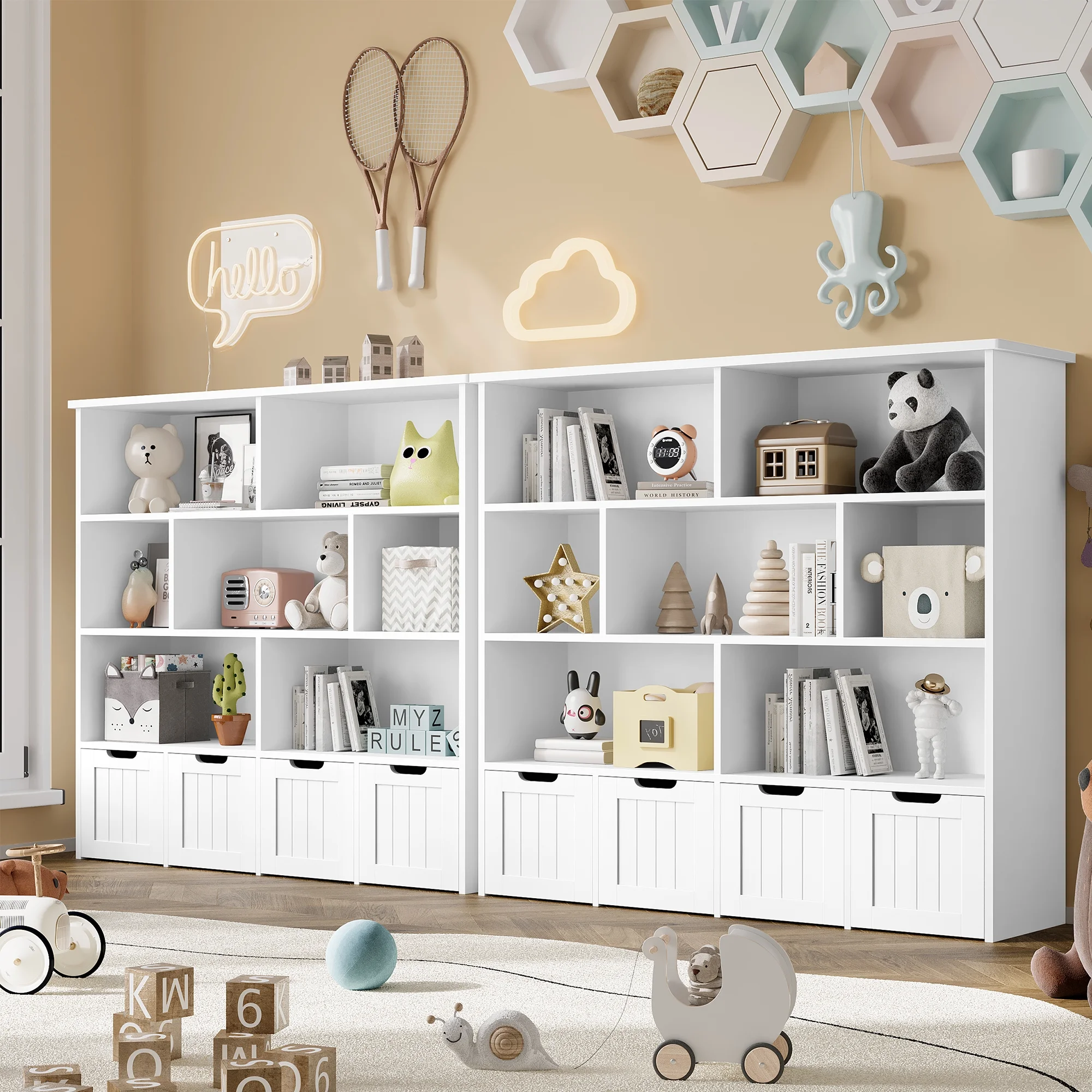 Homfa 7 Cube Toy Storage Organizer, Kids Geometric Bookcase and Bookshelf with 4 Drawers, White