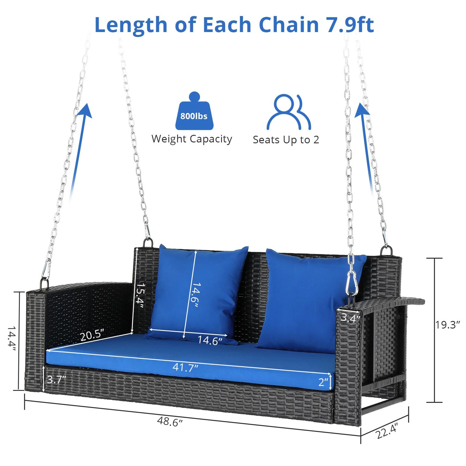 Zimtown Patio Rattn Wicker Swing, Outdoor Bench w/ Blue Cushion, Outdoor Seat Garden Swing for 2 Person