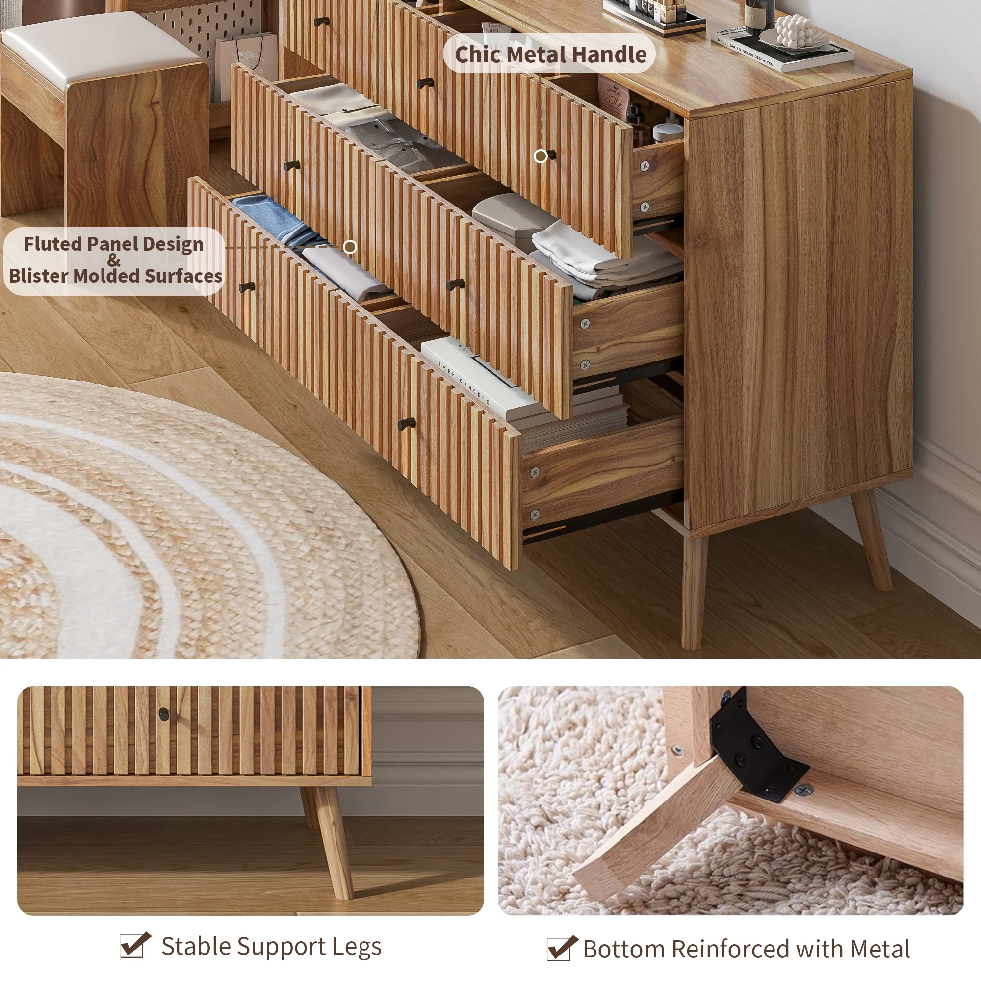 Oubayajia 7 Drawer Double Dresser, Fluted Chest of Drawers, Wood Storage Cabinet for Bedroom, Living Room, Hallway, Walnut