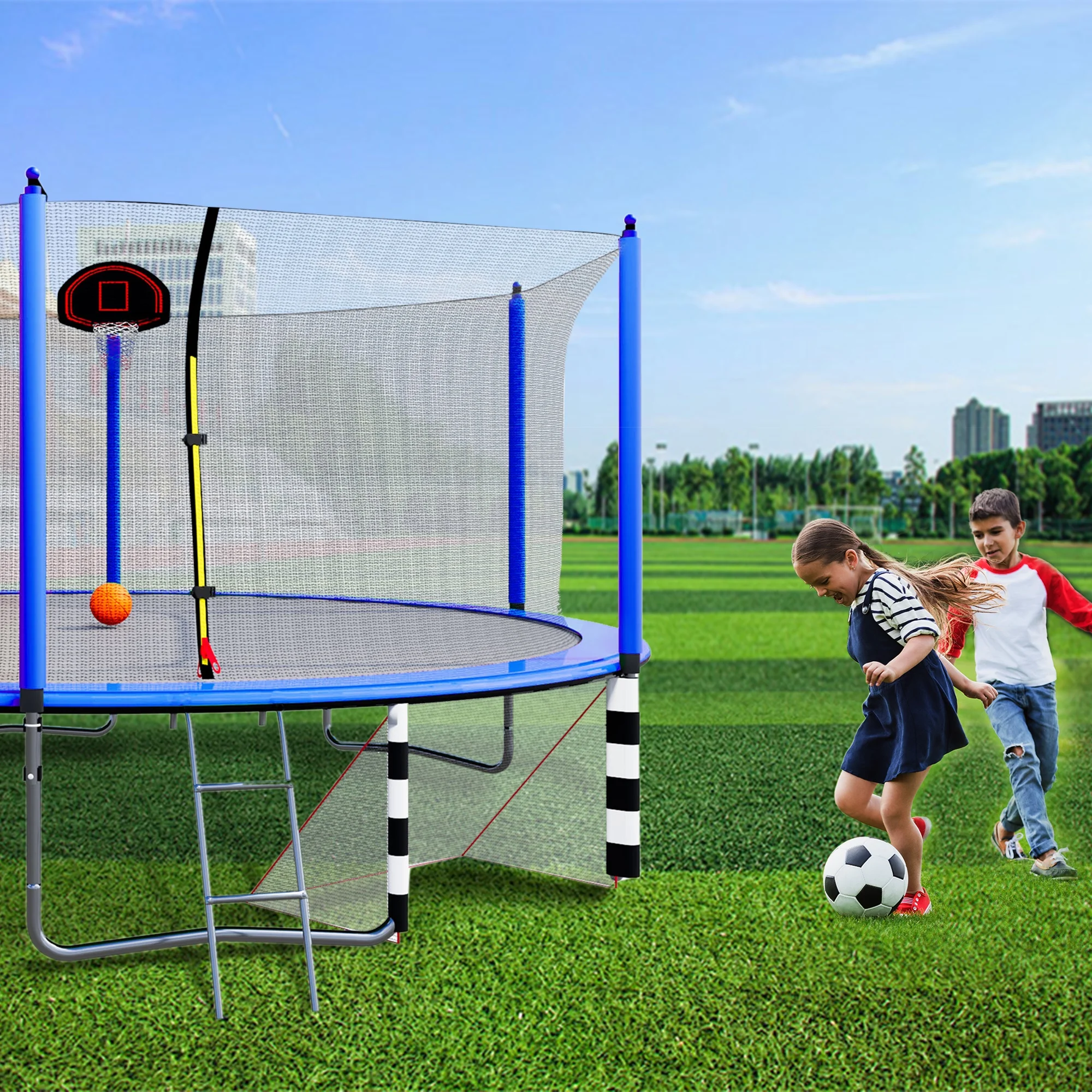 16FT Trampoline with Basketball Hoop, Outdoor Trampoline with Safety Enclosure Net, Recreational Trampoline for Kids and Adults with Soccer Goal, 1000lbs Weight Capatity for Backyard, Patio