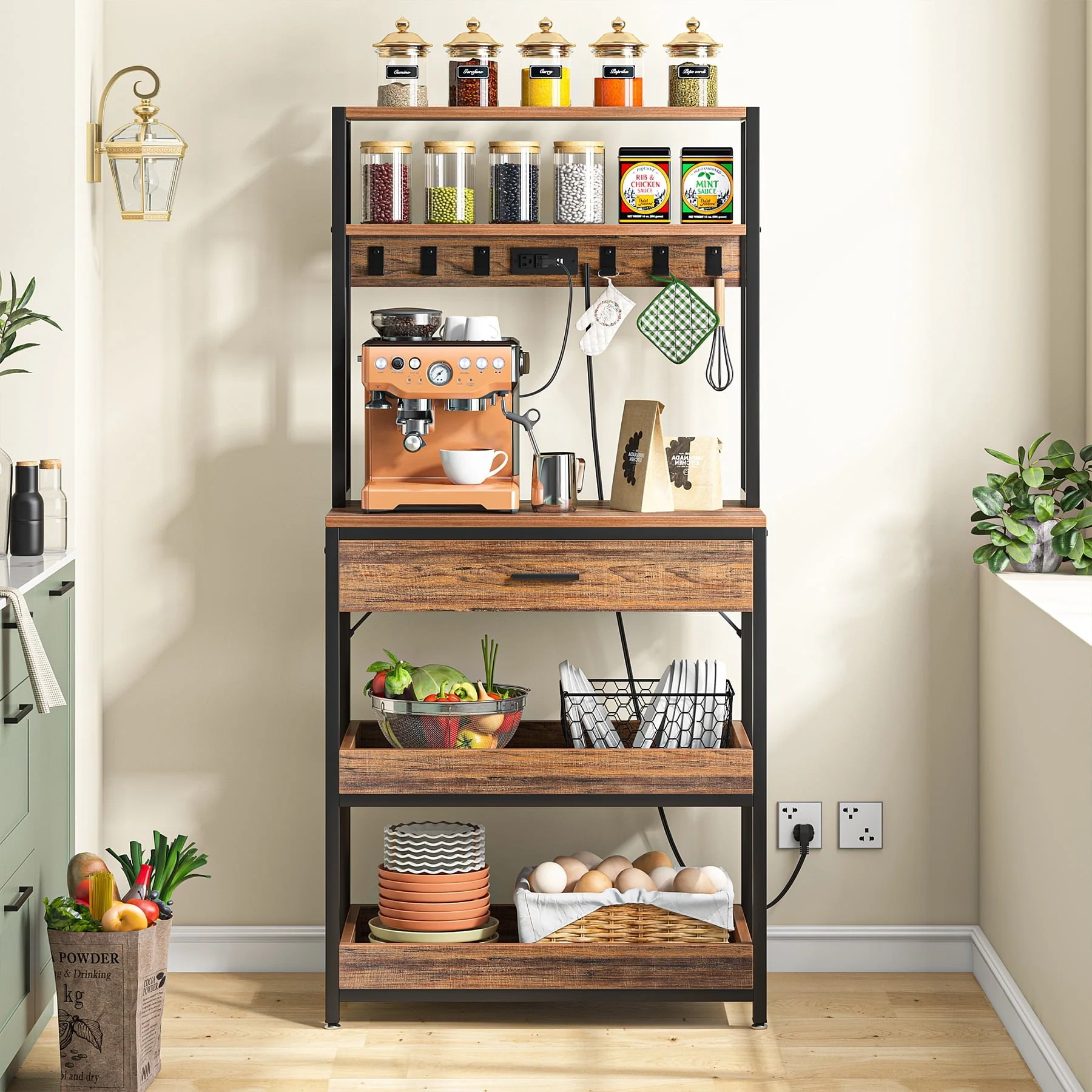 Tribesigns Kitchen Bakers Rack with Power Outlets, 5-Tier Microwave Oven Stand with Drawer and Sliding Shelves, Freestanding Kitchen Storage Shelf Organizer with 6 Hooks, Rustic Brown