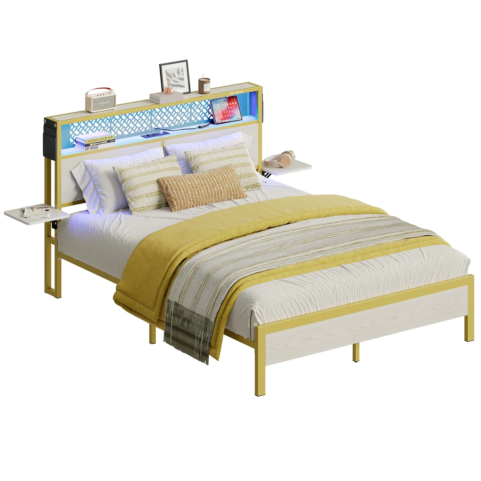 Bestier Queen Size Platform Bed Frame with Wood Foldable Bedside Shelves and LED Storage Headboard Charge Station, Gray