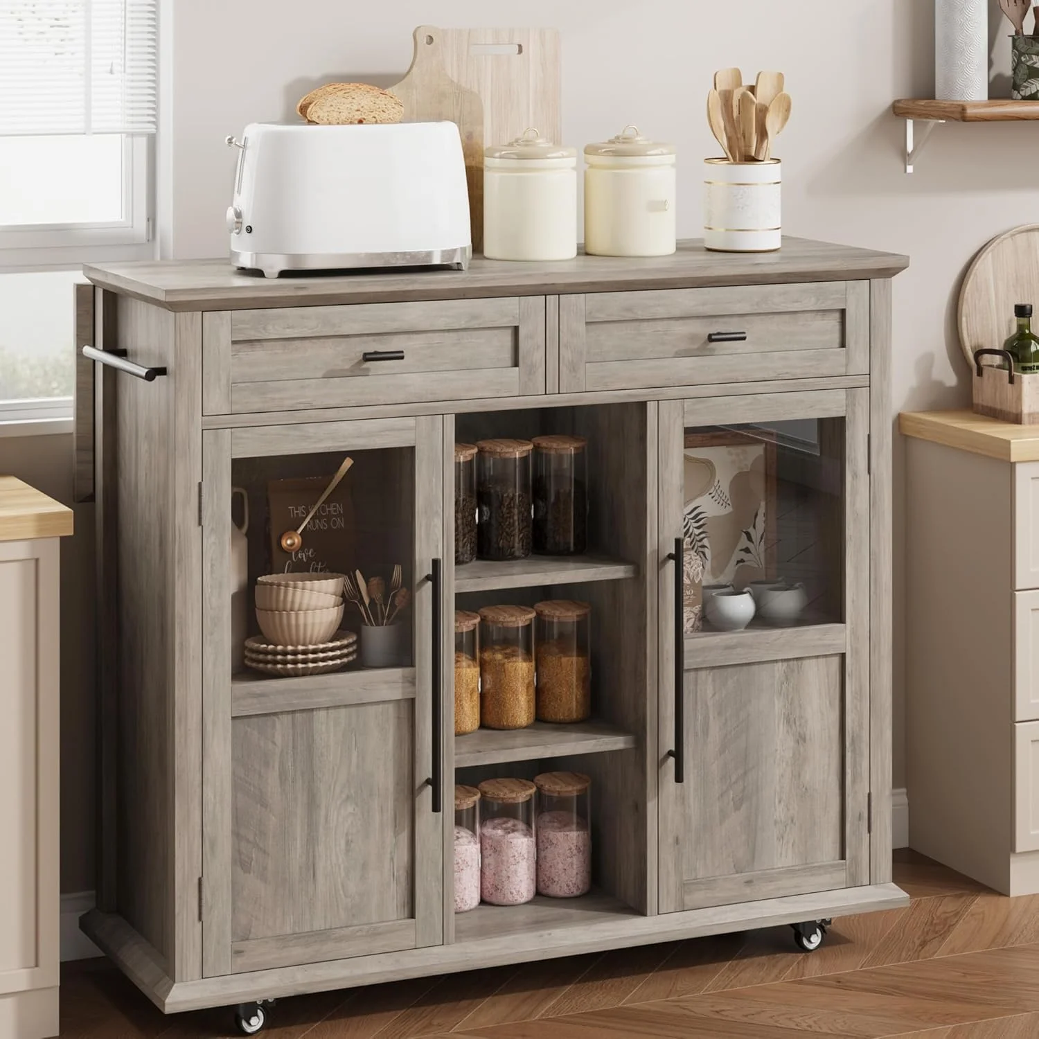 WALYWIK Foldable Kitchen Island Cart with Wheels, 2 Glass Doors, Spice Rack & Towel Holder -C Compact Mobile Storage Cart for Small Kitchens, Dining Rooms, Camping & RVs - Grey