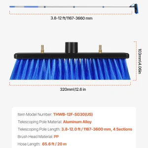 VEVOR Water Fed Pole Kit, 12FT Solar Panel Cleaning Pole with Extendable Handle, 180- Rotatable Brush Head & 65.6FT Hose, Household & Outdoor Window Cleaner Tool for Caravan Solar Panel Deck