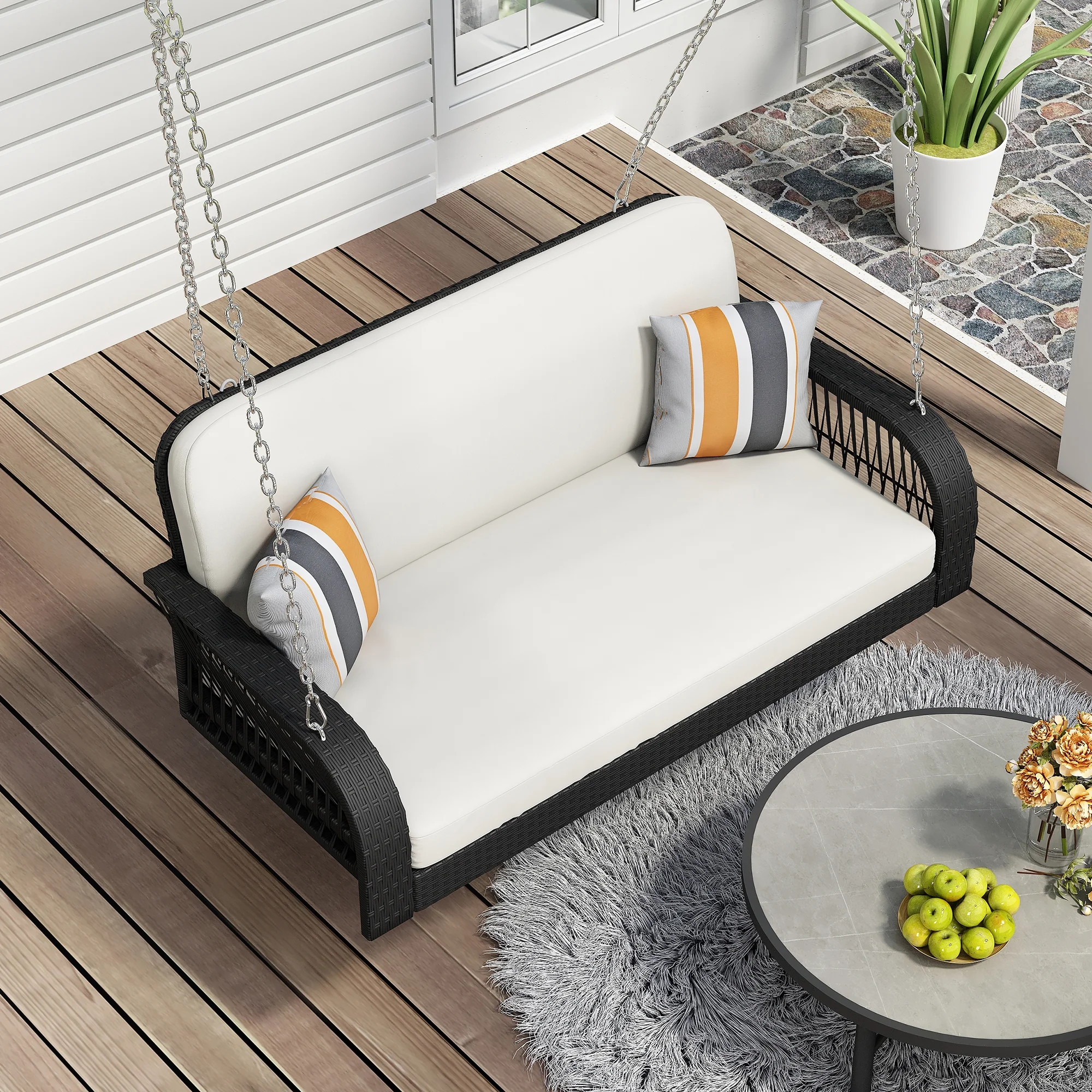Harper & Bright Designs PE Ratten Porch Swing Chair, 2-Seater Hanging Swing Bench with Chains, All Weather Design Patio Furniture Swing for Backyard Garden Poolside, Grey and White