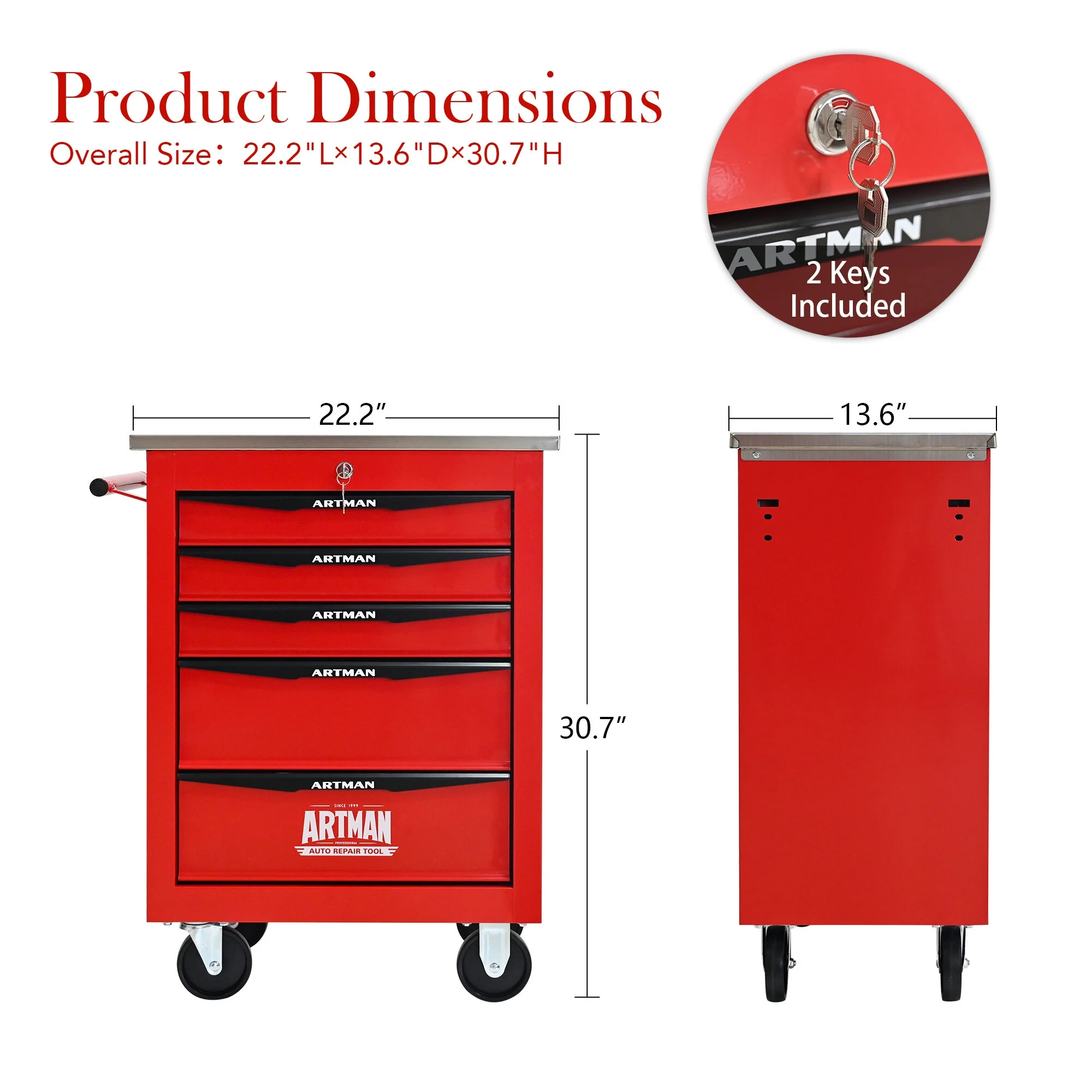 Tool Cabinets 4 Drawers Multifunctional Tool Cart with Wheels,Metal Rolling Tool Cart Storage for Garage Workshop Warehouse Repair Shop--With Stainless Steel Roof- Red&Black,Garage Tool Cabinets