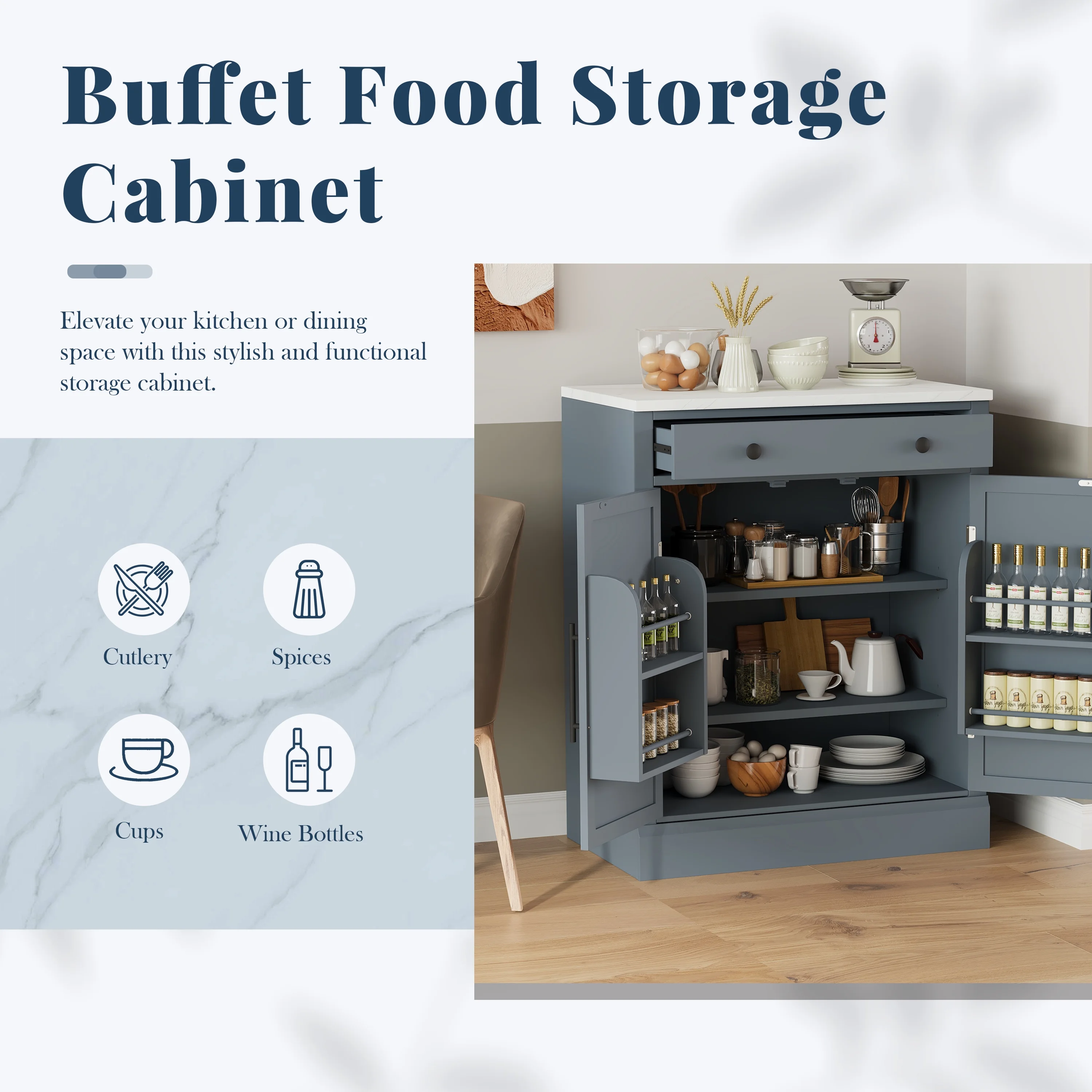 Euroco Modern Freestanding Kitchen Pantry,Buffet Food Storage, Coffee Bar Cabinet with Drawer, 2 Adjustable Shelves and 2 Door Shelves for Dining, Kitchen,White