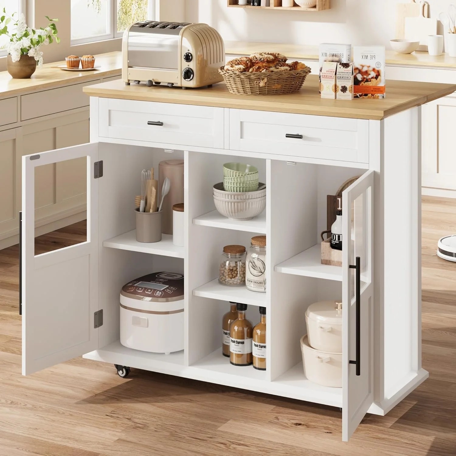 WALYWIK Foldable Kitchen Island Cart with Wheels, 2 Glass Doors, Spice Rack & Towel Holder -C Compact Mobile Storage Cart for Small Kitchens, Dining Rooms, Camping & RVs - Grey