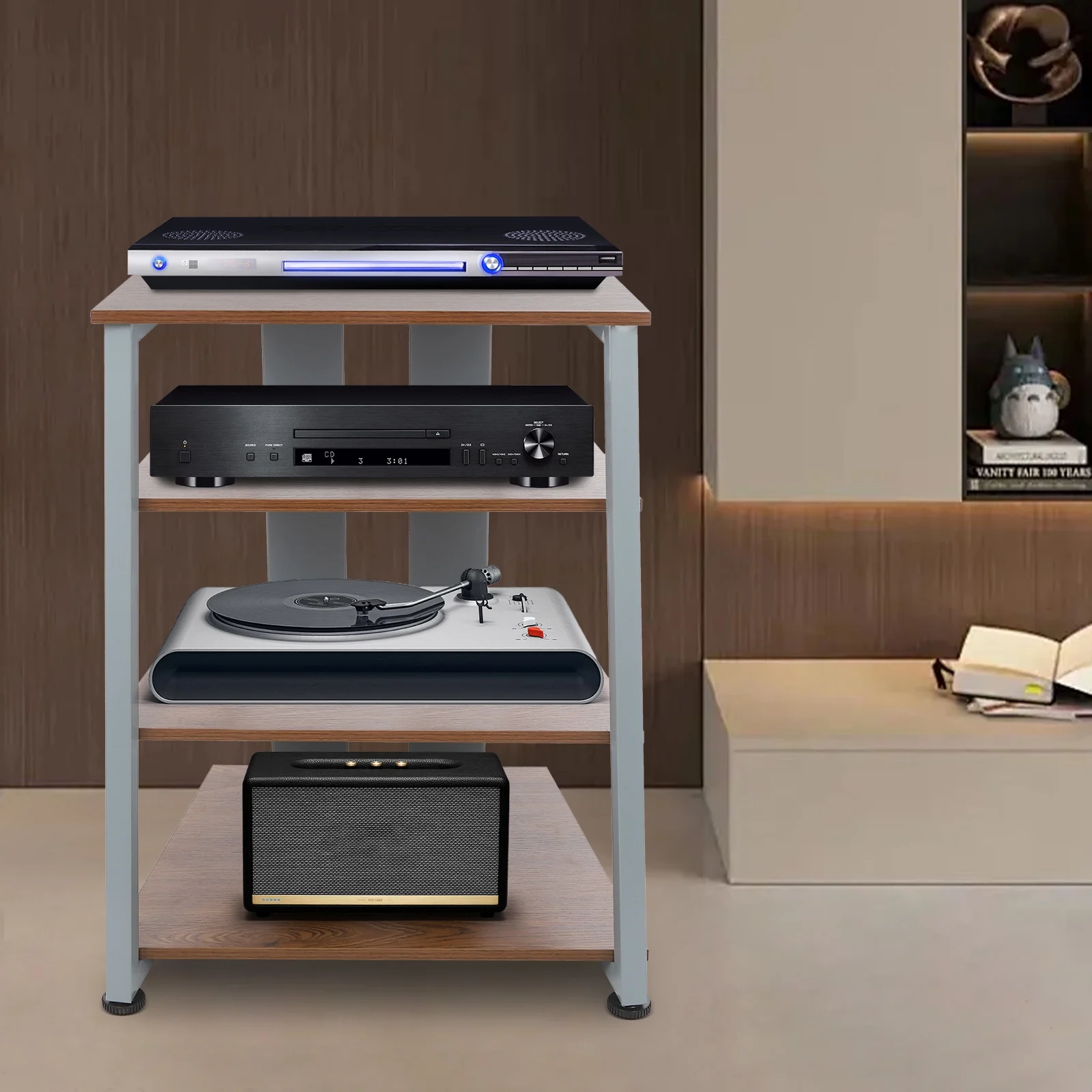 4-Tier AV Media Stand, Multi-Functional Storage Shelf for Organizing and Storing TV Accessories, CD Changers, Receivers, DVD Players, Game Consoles, and Other Media Equipment, Brown and Grey