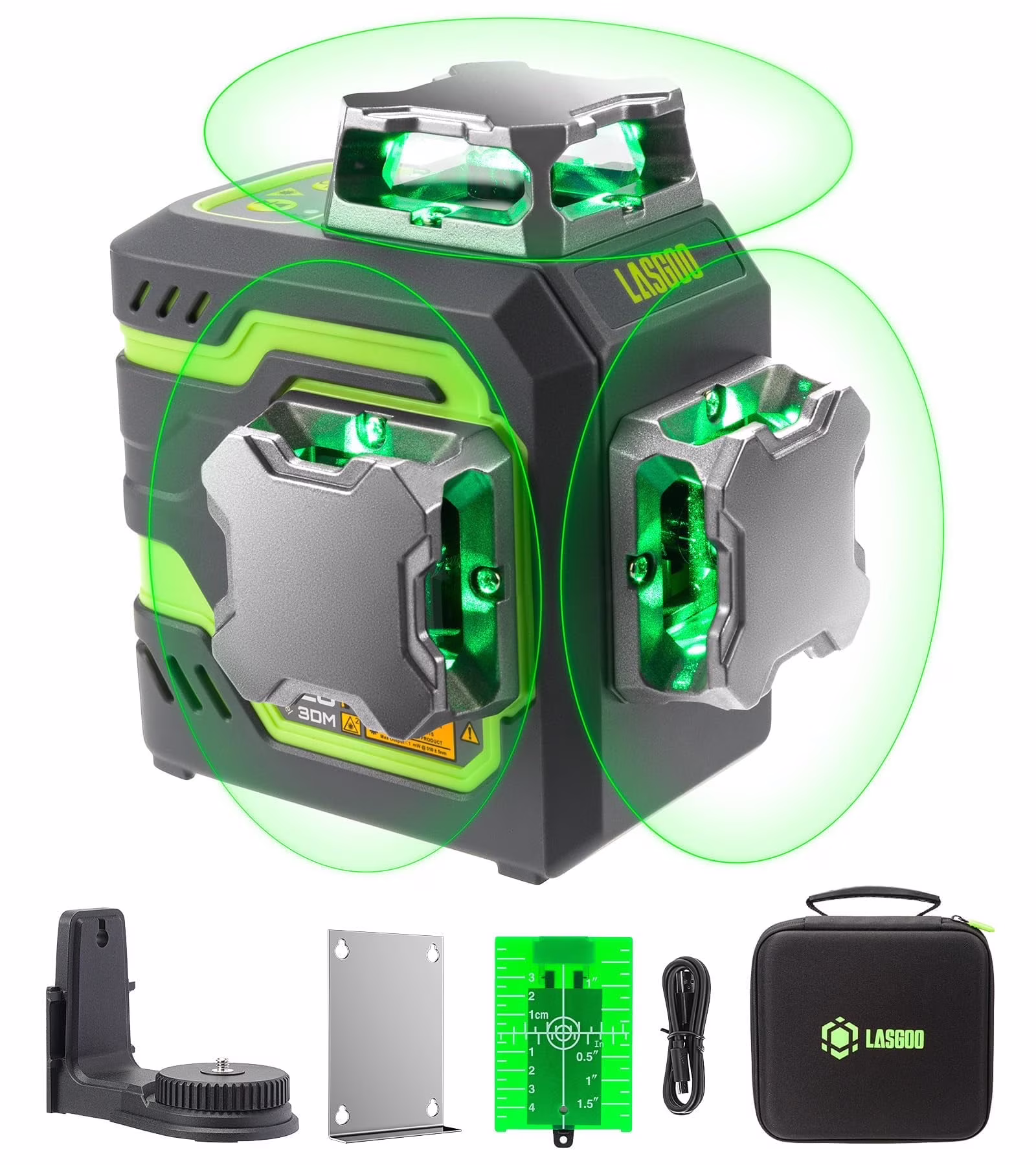 Laser Level 3x360- LASGOO with Remote Control, 2 Rechargeable Batteries, 100FT Range, 360- Magnetic Rotating Stand, IP54, 3Ds