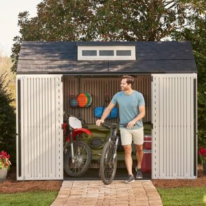 Rubbermaid Resin Outdoor Storage Shed With Floor Weather Resistant Gray Organization for Home