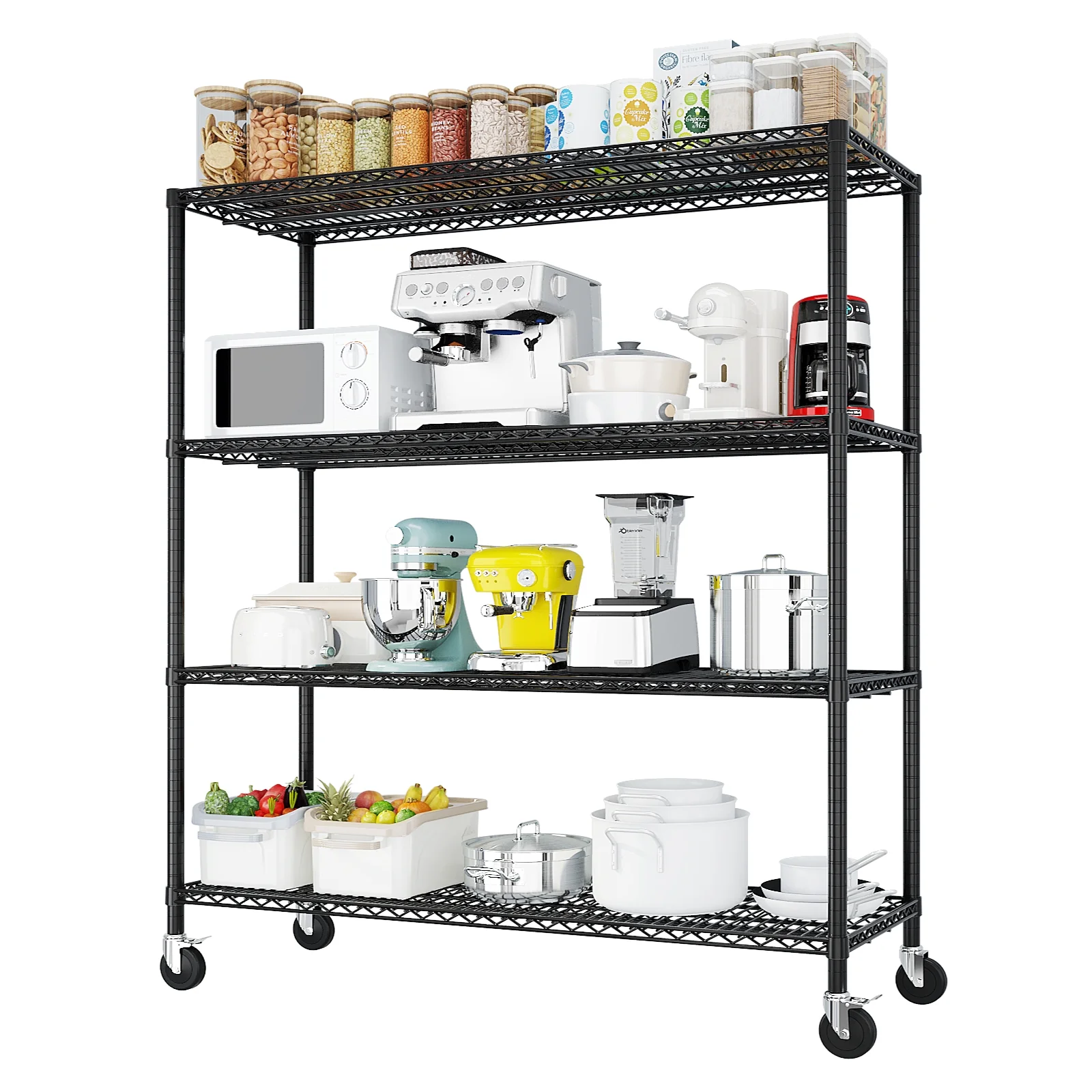 Ktaxon 4 Tier Wire Shelving with Wheels, 46"W x 17.7"D x 65"H Multifunctional Storage Rack Metal Garage Shelves Organizer, Capacity for 800lbs, Black