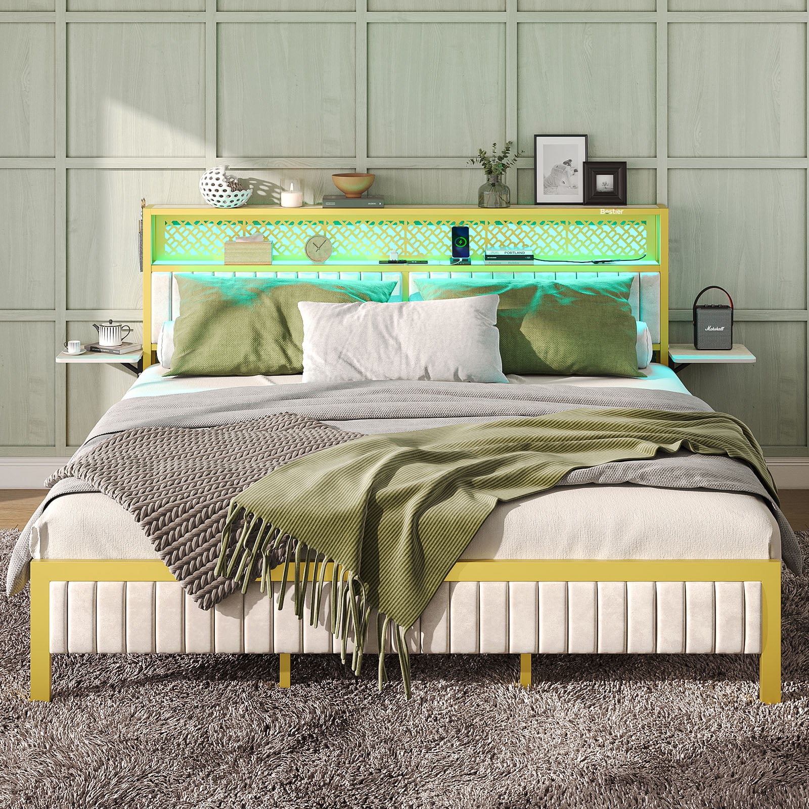 Bestier Queen Size Platform Bed Frame with Wood Foldable Bedside Shelves and LED Storage Headboard Charge Station, Gray