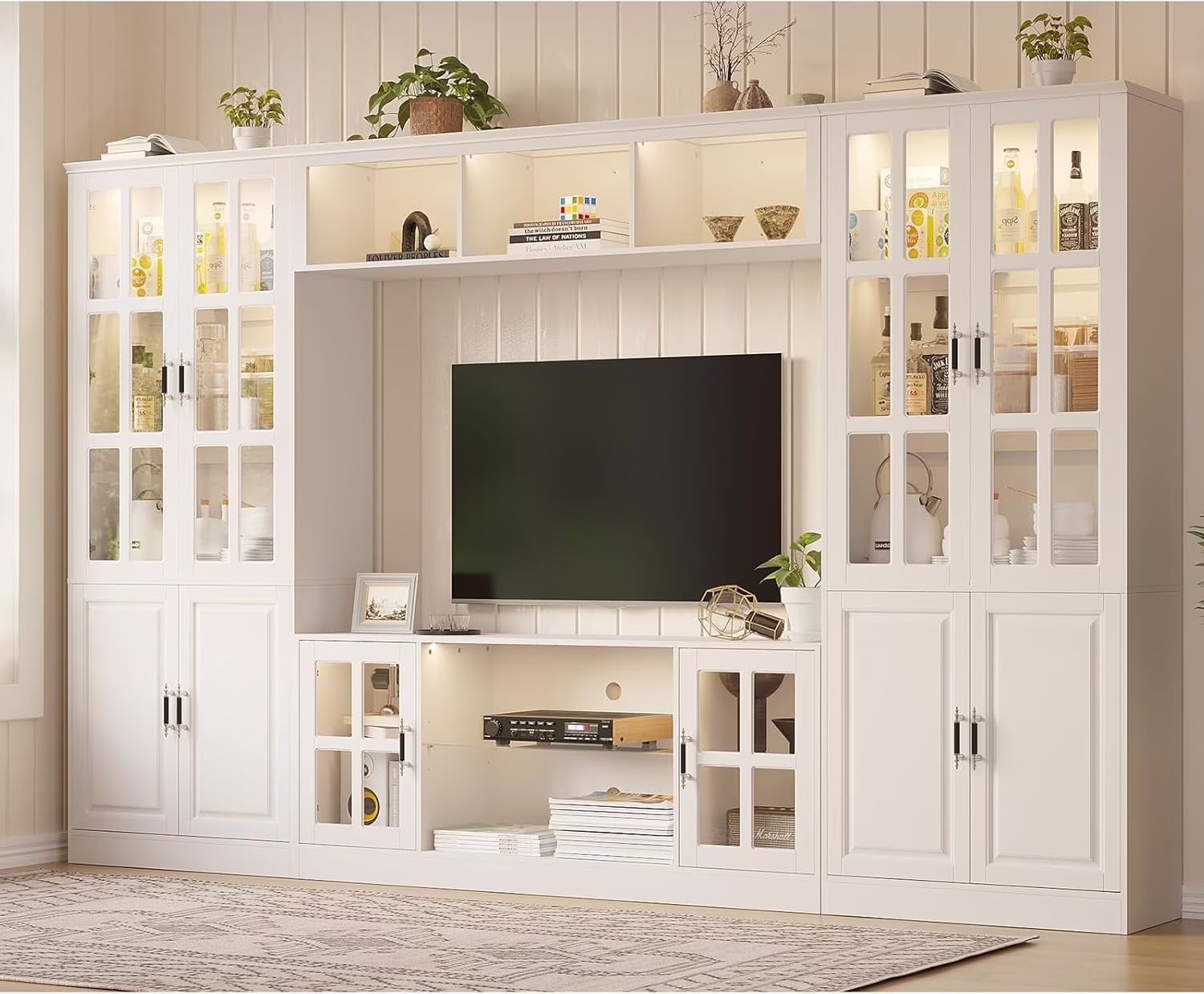 MEISSALIVVE 4-Piece Wall Unit TV Stand with Storage & LED Lights for TVs up to 75", Modern Entertainment Center with Bookshelves & 8-Door Pantry Cabinet, Gray