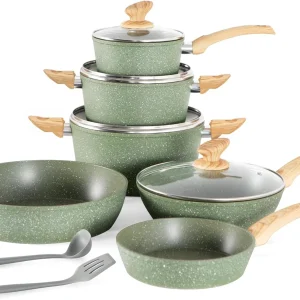 Kitchen Academy Induction Cookware Sets - 12 Piece Green Cooking Pan Set, Granite Nonstick Pots and Pans Set